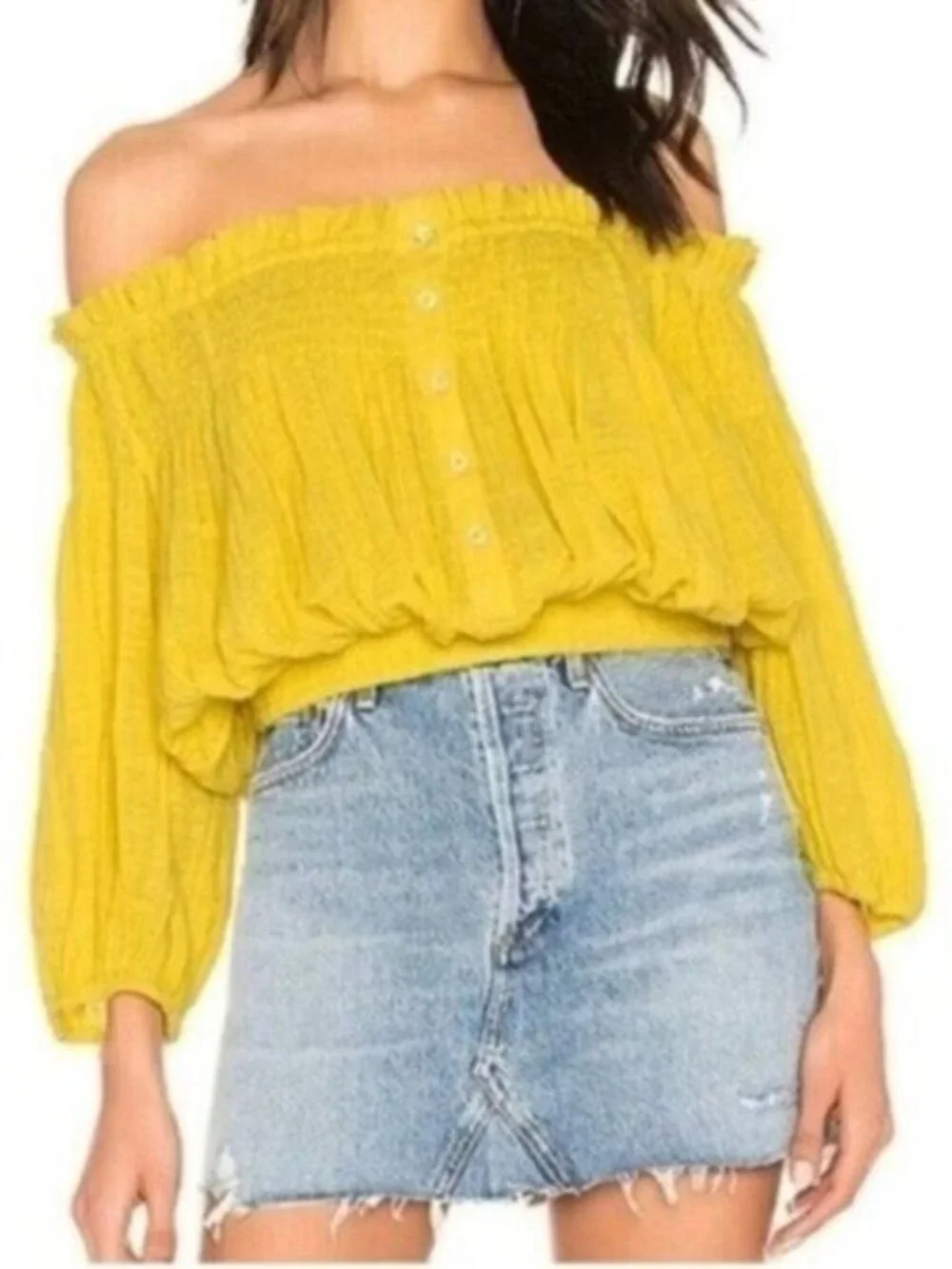 Free People Gauzy Yellow Feminine Top Puff Sleeve On Off Shoulder Cottagecore